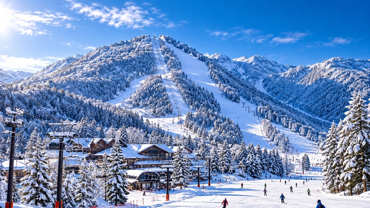 Skiers on a groomed run below a snow-covered mountain and resort base